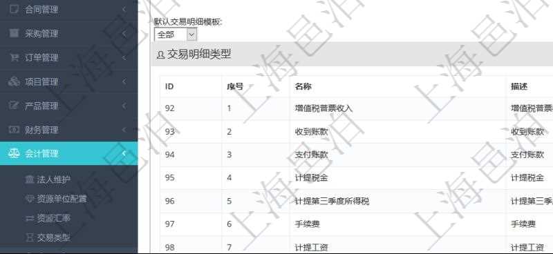 項目管理軟件會計管理模塊交易明細(xì)類型查詢還可以關(guān)聯(lián)查詢更多相關(guān)資料，比如子交易明細(xì)類型：序號、子交易明細(xì)類型名稱、描述、默認(rèn)交易明細(xì)模板。