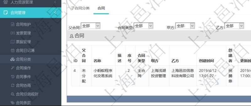 項目管理軟件合同管理模塊合同分類明細查詢還可以關聯(lián)查詢更多相關資料，比如該合同類型的所有合同：父合同、名稱、描述、序號、合同類型、甲方、乙方、創(chuàng)建者、更新時間、所有者、關聯(lián)任務、關聯(lián)項目、發(fā)起時間、簽約時間、生效時間、預計完成時間、實際完成時間、完成進度等。