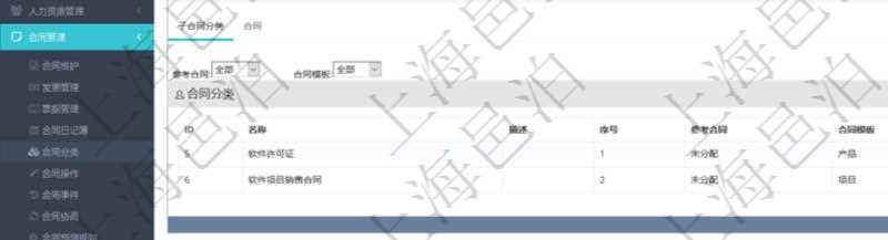 項(xiàng)目管理軟件合同管理模塊合同分類明細(xì)查詢還可以關(guān)聯(lián)查詢更多相關(guān)資料，比如子合同分類：子合同分類名稱、描述、序號(hào)、參考合同、合同模板等。