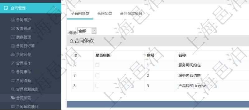 項目管理軟件合同管理模塊合同條款明細查詢還可以關聯查詢更多相關資料，比如該合同條款的所子合同條款：是否模板、序號、子合同條款名稱、子合同條款標題、子合同條款內容、子合同條款模板、關鍵字等。