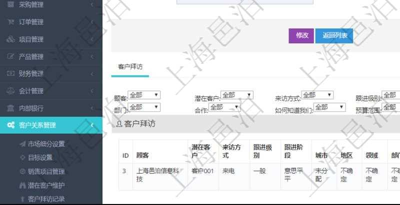 在項目管理軟件CRM客戶關(guān)系管理系統(tǒng)中，查詢客戶項目時除了返回實際客戶項目信息外，還包括客戶項目的拜訪記錄：潛在客戶、來訪方式、跟進級別、跟進階段、城市、地區(qū)、領(lǐng)域、部門、合作方式、如何知道我們、預(yù)算范圍、聯(lián)系目標、簽約概率、溝通細節(jié)、來訪時間、價格反應(yīng)及認知途徑等。
