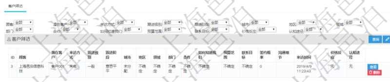 在項目管理軟件CRM客戶關(guān)系管理系統(tǒng)中，查詢客戶項目時除了返回實際客戶項目信息外，還包括客戶項目的拜訪記錄：潛在客戶、來訪方式、跟進級別、跟進階段、城市、地區(qū)、領(lǐng)域、部門、合作方式、如何知道我們、預(yù)算范圍、聯(lián)系目標、簽約概率、溝通細節(jié)、來訪時間、價格反應(yīng)及認知途徑等。