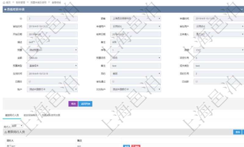 在項目管理軟件財務(wù)管理模塊查詢差旅申請明細(xì)信息時，返回相關(guān)信息：申請時間、審批時間、申請用戶、審批用戶、開始日期、結(jié)束日期、主申請人、描述、備注、預(yù)算、序號、貨幣單位、金額、預(yù)算項目、項目引用、預(yù)算類型、備注、成本類別、生效時間、已提交、審批通過、已劃款、賬戶、對方賬戶。同時，在差旅同行人員維護(hù)列表可以增減同行人及備注。