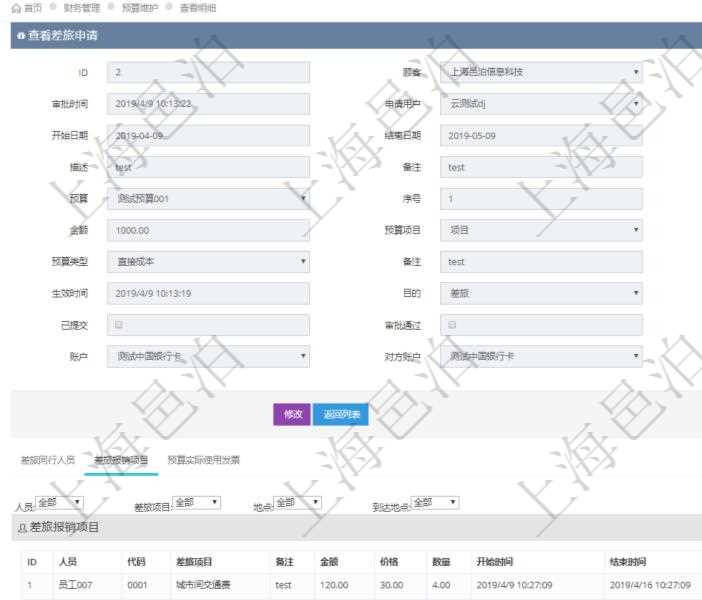 項(xiàng)目管理軟件財(cái)務(wù)管理模塊差旅申請(qǐng)明細(xì)查詢還可以關(guān)聯(lián)查詢更多相關(guān)資料，比如差旅報(bào)銷項(xiàng)目：人員、代碼、差旅項(xiàng)目、備注、金額、價(jià)格、數(shù)量、開始時(shí)間、結(jié)束時(shí)間、地點(diǎn)、到達(dá)地點(diǎn)。