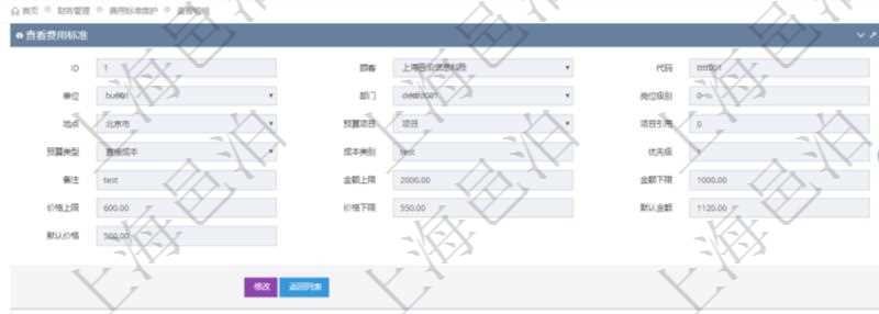 項(xiàng)目管理軟件財(cái)務(wù)管理系統(tǒng)費(fèi)用標(biāo)準(zhǔn)查詢列表返回費(fèi)用標(biāo)準(zhǔn)代碼、單位、部門、崗位級(jí)別、地點(diǎn)、預(yù)算項(xiàng)目、項(xiàng)目引用、預(yù)算類型、成本類別、優(yōu)先級(jí)、備注、金額上限、金額下限、價(jià)格上限、價(jià)格下限、默認(rèn)金額、默認(rèn)價(jià)格。