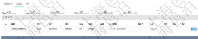 在項(xiàng)目管理軟件房地產(chǎn)管理系統(tǒng)查詢房屋空間明細(xì)除了返回基本配置信息外，還會(huì)返回關(guān)聯(lián)的現(xiàn)金流信息：單位、部門、團(tuán)隊(duì)、物業(yè)、設(shè)施、序號(hào)、發(fā)生日期、對(duì)手方、金額、名稱、描述、備注。
