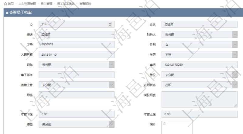項(xiàng)目管理軟件人力資源管理模塊員工基本信息資料明細(xì)查詢還可以關(guān)聯(lián)查詢更多相關(guān)資料，比如上崗證編號(hào)、標(biāo)題、描述、生效日期、終止日期等。