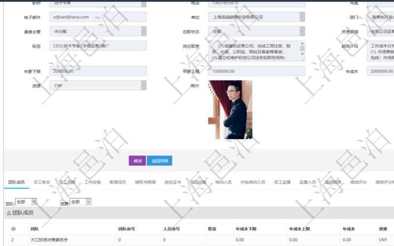 項目管理軟件人力資源管理模塊員工基本信息資料明細查詢除了包括姓名、代碼、描述、財務人、登錄賬戶、工號、性別、生日、入職日期、學歷、崗位、職稱、電話、傳真、電子郵件、單位、部門、直接主管、在職狀態(tài)、負責領域、標簽、崗位職責、自我介紹、年薪下限、年薪上限、年成本、資源、照片等信息還可以關聯(lián)查詢更多相關資料。