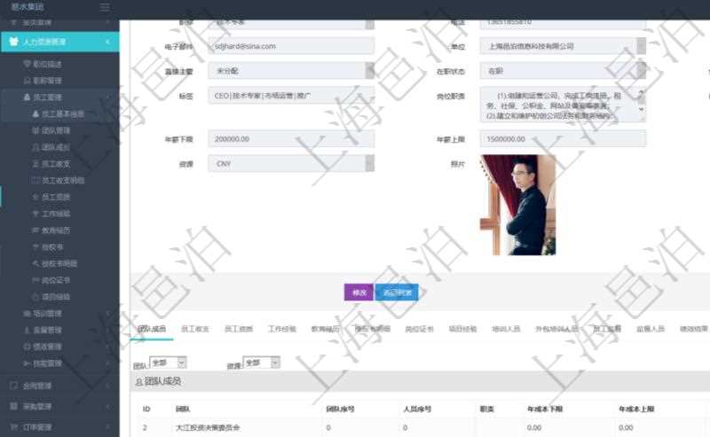 項(xiàng)目管理軟件人力資源管理模塊員工基本信息資料明細(xì)查詢(xún)除了包括姓名、代碼、描述、財(cái)務(wù)人、登錄賬戶(hù)、工號(hào)、性別、生日、入職日期、學(xué)歷、崗位、職稱(chēng)、電話(huà)、傳真、電子郵件、單位、部門(mén)、直接主管、在職狀態(tài)、負(fù)責(zé)領(lǐng)域、標(biāo)簽、崗位職責(zé)、自我介紹、年薪下限、年薪上限、年成本、資源、照片等信息還可以關(guān)聯(lián)查詢(xún)更多相關(guān)資料。