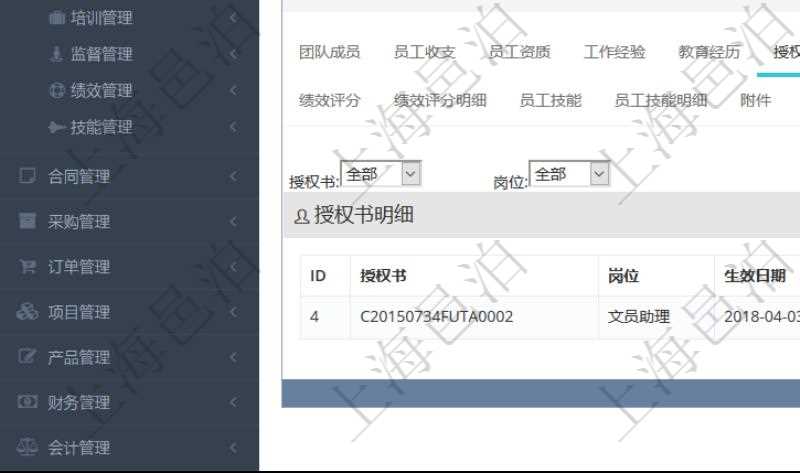 項(xiàng)目管理軟件人力資源管理模塊員工基本信息資料明細(xì)查詢還可以關(guān)聯(lián)查詢更多相關(guān)資料，比如授權(quán)書(shū)：授權(quán)書(shū)、人員、崗位、生效日期、終止日期及授權(quán)內(nèi)容等。