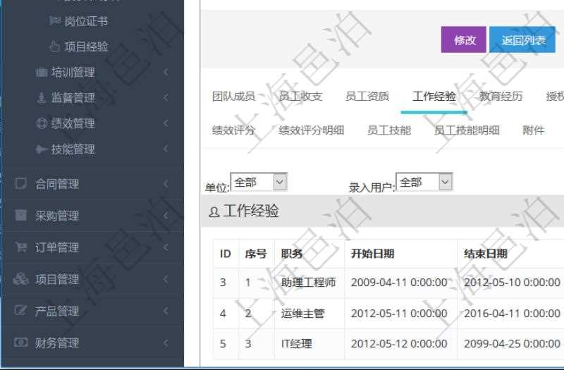 項(xiàng)目管理軟件人力資源管理模塊員工基本信息資料明細(xì)查詢還可以關(guān)聯(lián)查詢更多相關(guān)資料，比如員工工作經(jīng)驗(yàn)信息：職務(wù)、開始日期、結(jié)束日期、單位、主要職責(zé)、錄入時(shí)間、錄入用戶等。