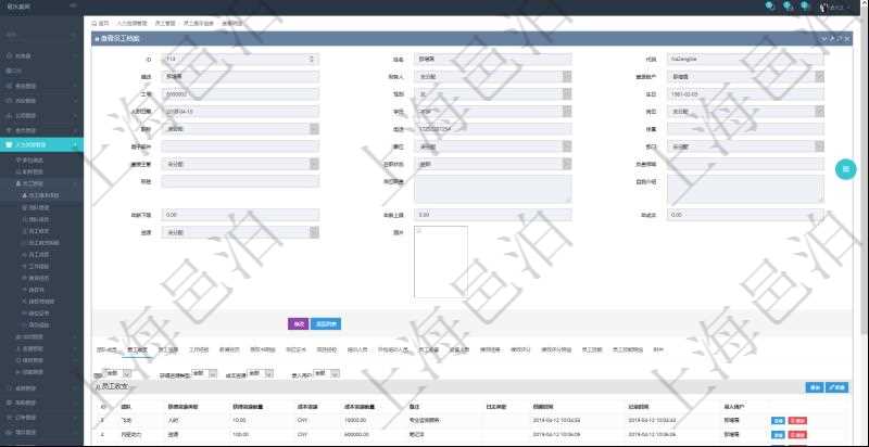 項(xiàng)目管理軟件人力資源管理模塊員工基本信息資料明細(xì)查詢還可以關(guān)聯(lián)查詢更多相關(guān)資料，比如員工收支信息：團(tuán)隊(duì)、獲得資源類型、獲得資源數(shù)量、成本資源、成本資源數(shù)量、備注、日志類型、創(chuàng)建時(shí)間、記錄時(shí)間、錄入用戶。