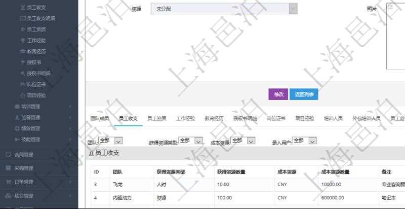 項(xiàng)目管理軟件人力資源管理模塊員工基本信息資料明細(xì)查詢還可以關(guān)聯(lián)查詢更多相關(guān)資料，比如員工收支信息：團(tuán)隊(duì)、獲得資源類型、獲得資源數(shù)量、成本資源、成本資源數(shù)量、備注、日志類型、創(chuàng)建時(shí)間、記錄時(shí)間、錄入用戶。