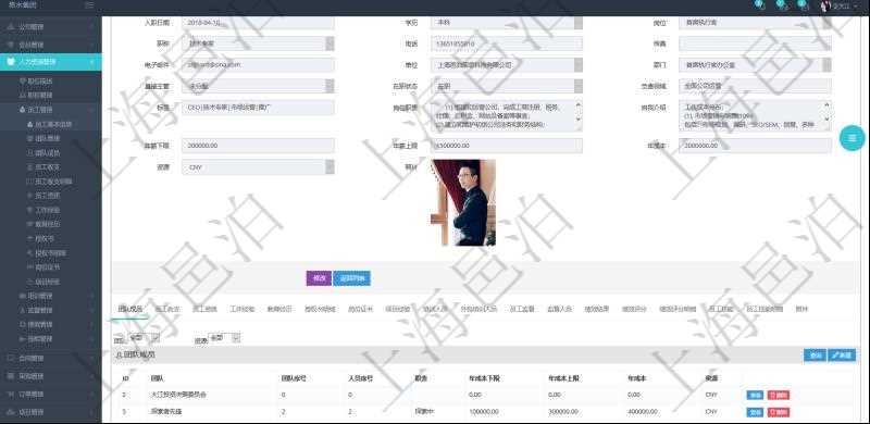 項目管理軟件人力資源管理模塊員工基本信息資料明細查詢還可以關(guān)聯(lián)查詢更多相關(guān)資料，比如團隊成員子頁面可以返回員工在不同團隊的信息，比如：團隊名稱、團隊序號、人員序號、職責、年成本下限、年成本上限、年成本、貨幣單位資源等。