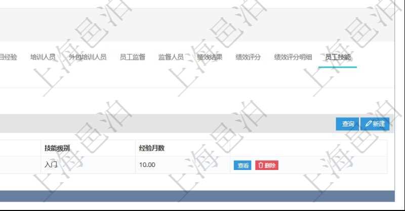 項(xiàng)目管理軟件人力資源管理模塊員工基本信息資料明細(xì)查詢還可以關(guān)聯(lián)查詢更多相關(guān)資料，比如員工技能：經(jīng)驗(yàn)、版本、更新時(shí)間、技能級(jí)別、經(jīng)驗(yàn)月數(shù)等。