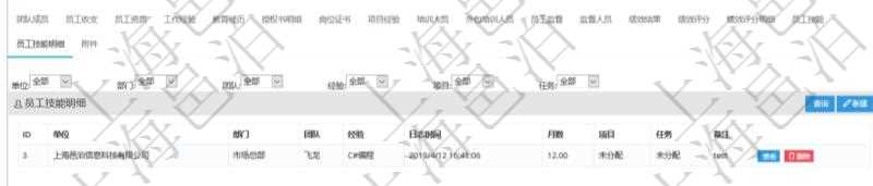 項目管理軟件人力資源管理模塊員工基本信息資料明細(xì)查詢還可以關(guān)聯(lián)查詢更多相關(guān)資料，比如員工技能明細(xì)：單位、部門、團(tuán)隊、經(jīng)驗、日志時間、月數(shù)、項目、任務(wù)、備注等。