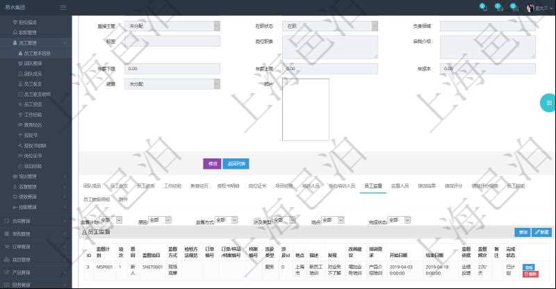 項目管理軟件人力資源管理模塊員工基本信息資料明細查詢還可以關聯(lián)查詢更多相關資料，比如監(jiān)督計劃、項次、原因、監(jiān)督項目、監(jiān)督方式、檢驗方法規(guī)范、訂單編號、訂單樣品檔案編號、檔案編號、設計類型、涉及ID、地點、描述、發(fā)現(xiàn)、改善建議、培訓需求、監(jiān)督員、開始日期、結束日期、監(jiān)督依據(jù)、監(jiān)督頻次、備注及完成狀態(tài)等。