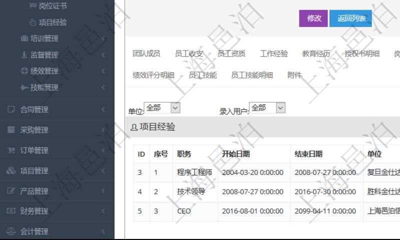 項(xiàng)目管理軟件人力資源管理模塊員工基本信息資料明細(xì)查詢還可以關(guān)聯(lián)查詢更多相關(guān)資料，比如項(xiàng)目經(jīng)驗(yàn)：序號(hào)、職務(wù)、開(kāi)始日期、結(jié)束日期、單位、主要職責(zé)、錄入時(shí)間、錄入用戶等。