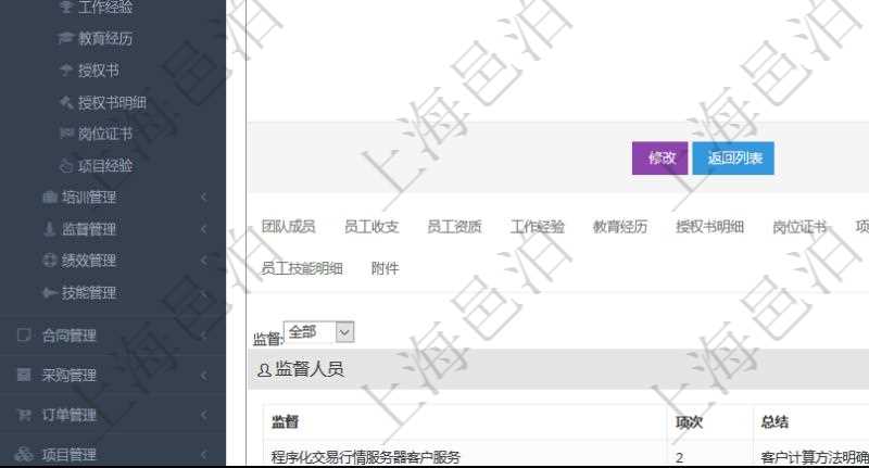 項目管理軟件人力資源管理模塊員工基本信息資料明細查詢還可以關(guān)聯(lián)查詢更多相關(guān)資料，比如負責過的監(jiān)督項目：監(jiān)督、項次、總結(jié)。
