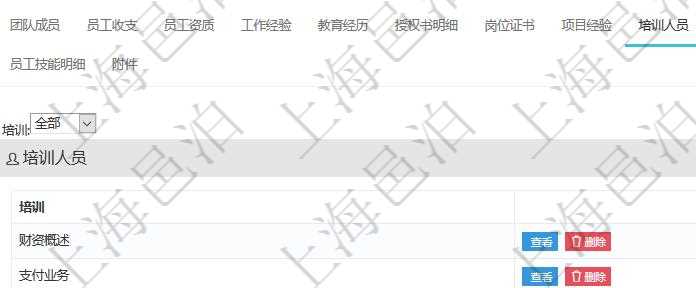 項(xiàng)目管理軟件人力資源管理模塊員工基本信息資料明細(xì)查詢還可以關(guān)聯(lián)查詢更多相關(guān)資料，比如參加過的培訓(xùn)。