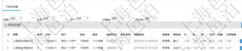 在項目管理軟件倉儲物流管理系統(tǒng)中查詢庫柜容器明細信息的時候除了返回庫柜容器基本字段信息，還會返回關聯的子庫柜容器信息：序號、倉庫、資產、名稱、描述、編碼標識、是否可用、創(chuàng)建時間、創(chuàng)建者、擁有者、長、寬、高、半徑、容量、已用容量。
