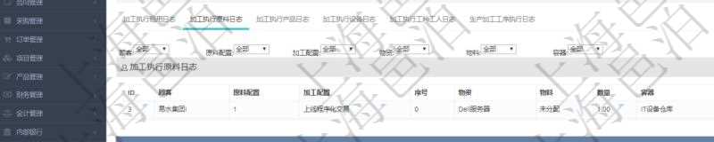 在項(xiàng)目管理軟件MES生產(chǎn)制造管理系統(tǒng)查詢加工執(zhí)行日志信息時，還返回了關(guān)聯(lián)的加工執(zhí)行原料日志：原料配置、加工配置、序號、物資、物料、數(shù)量、容器、描述。