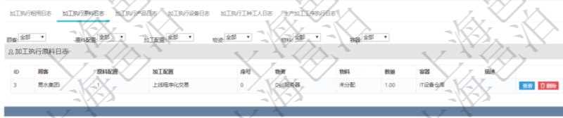 在項(xiàng)目管理軟件MES生產(chǎn)制造管理系統(tǒng)查詢加工執(zhí)行日志信息時(shí)，還返回了關(guān)聯(lián)的加工執(zhí)行原料日志：原料配置、加工配置、序號(hào)、物資、物料、數(shù)量、容器、描述。