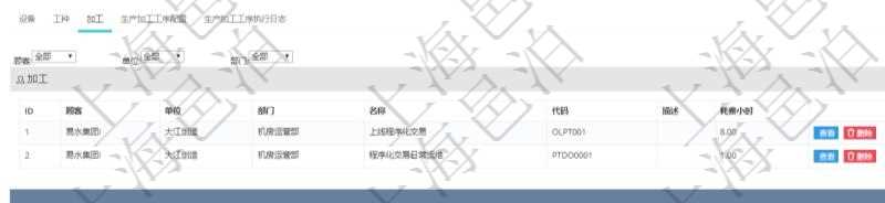在項目管理軟件MES生產(chǎn)制造管理系統(tǒng)查看工廠信息時除了返回工廠信息，同時返回關聯(lián)的加工信息：單位、部門、名稱、代碼、描述、耗費小時。