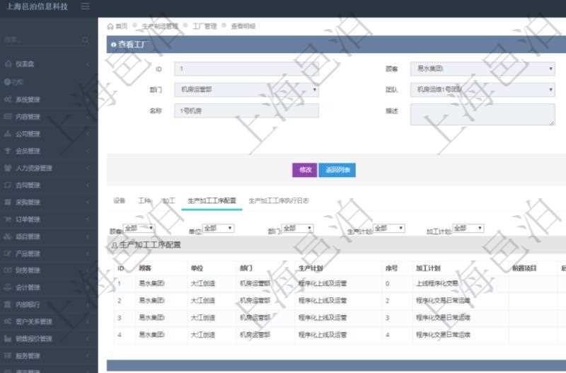 在項目管理軟件MES生產(chǎn)制造管理系統(tǒng)查看工廠信息時除了返回工廠信息，同時返回關(guān)聯(lián)的生產(chǎn)加工工序配置：單位、部門、生產(chǎn)計劃、序號、加工計劃、前置項目、后續(xù)項目、最早開始日、最早結(jié)束日。