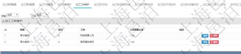 在項(xiàng)目管理軟件MES生產(chǎn)制造管理系統(tǒng)查詢加工明細(xì)信息時(shí)，還返回了關(guān)聯(lián)的加工工種維護(hù)：序號(hào)、工種、工時(shí)調(diào)整比率、描述。