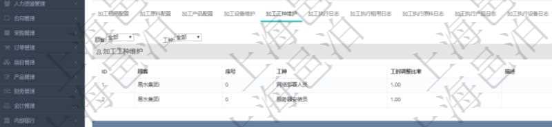 在項(xiàng)目管理軟件MES生產(chǎn)制造管理系統(tǒng)查詢加工明細(xì)信息時(shí)，還返回了關(guān)聯(lián)的加工工種維護(hù)：序號、工種、工時(shí)調(diào)整比率、描述。