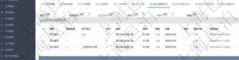 在項(xiàng)目管理軟件MES生產(chǎn)制造管理系統(tǒng)查詢(xún)加工明細(xì)信息時(shí)，還返回了關(guān)聯(lián)的加工執(zhí)行租用日志：租用配置、加工執(zhí)行、序號(hào)、物資、物料、數(shù)量、容器、描述、租用小時(shí)、開(kāi)始時(shí)間、結(jié)束時(shí)間。