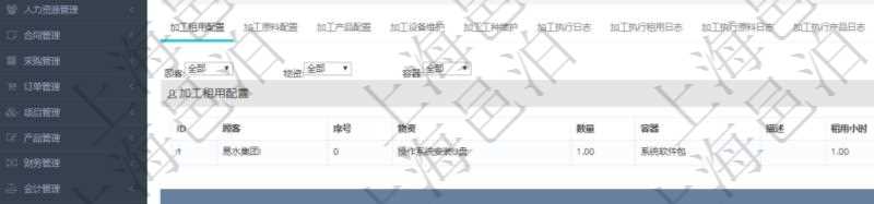 在項目管理軟件MES生產(chǎn)制造管理系統(tǒng)查詢加工明細信息時，還返回了關(guān)聯(lián)的加工租用配置：序號、物資、數(shù)量、容器、描述、租用小時、開始小時。