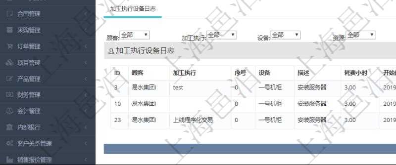 在項目管理軟件MES生產(chǎn)制造管理系統(tǒng)查詢加工設備維護信息時，還返回了關聯(lián)的加工執(zhí)行設備日志：加工執(zhí)行、序號、設備、描述、耗費小時、開始時間、結束時間、計件設備成本、計時設備成本、資源、貨幣單位、總成本。