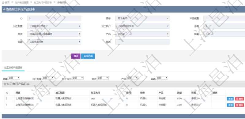 在項目管理軟件MES生產(chǎn)制造管理系統(tǒng)中查詢加工執(zhí)行產(chǎn)品日志返回的明細信息有：產(chǎn)品配置、加工配置、加工執(zhí)行、序號、物資、產(chǎn)品、數(shù)量、容器、描述。同時還會返回關(guān)聯(lián)的加工執(zhí)行產(chǎn)品日志：加工配置、加工執(zhí)行、序號、物資、產(chǎn)品、數(shù)量、容器、描述。