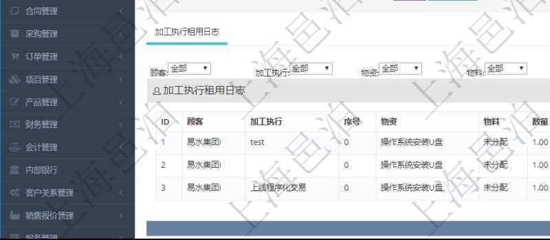 在項(xiàng)目管理軟件MES生產(chǎn)制造管理系統(tǒng)查詢(xún)加工租用配置信息時(shí)，還返回了關(guān)聯(lián)的加工執(zhí)行租用日志：加工執(zhí)行、序號(hào)、物資、物料、數(shù)量、容器、描述、租用小時(shí)、開(kāi)始時(shí)間、結(jié)束時(shí)間。