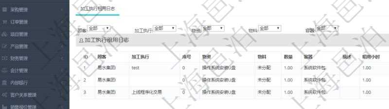 在項(xiàng)目管理軟件MES生產(chǎn)制造管理系統(tǒng)查詢加工租用配置信息時(shí)，還返回了關(guān)聯(lián)的加工執(zhí)行租用日志：加工執(zhí)行、序號、物資、物料、數(shù)量、容器、描述、租用小時(shí)、開始時(shí)間、結(jié)束時(shí)間。