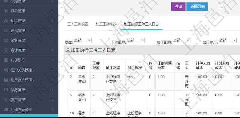 在項目管理軟件MES生產(chǎn)制造管理系統(tǒng)查詢工種明細信息的時候，還會返回關(guān)聯(lián)的加工執(zhí)行工種工人日志：工種配置、加工配置、加工執(zhí)行、序號、工時調(diào)整比率、描述、工人、計件人力成本、計時人力成本、計件工種成本、資源、貨幣單位、工時、備注、日志類型、創(chuàng)建時間、記錄時間、開始時間、結(jié)束時間、錄入用戶、總成本。