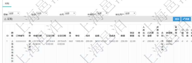 項(xiàng)目管理軟件采購管理模塊供應(yīng)商明細(xì)查詢還可以關(guān)聯(lián)查詢更多相關(guān)資料，比如供應(yīng)商的所有采購信息：訂單編號(hào)、物資、申請(qǐng)日期、訂貨日期、交貨日期、備注、單價(jià)、成本、金額、總成本、數(shù)量、到貨數(shù)量、單位、入庫完畢、已開票金額、開票完畢、合同、申請(qǐng)用戶、審批用戶、已填寫、已申請(qǐng)、已審批。